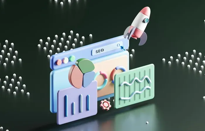 3D illustration of SEO dashboard with charts and rocket symbolizing online growth and performance for Town Service Ratings